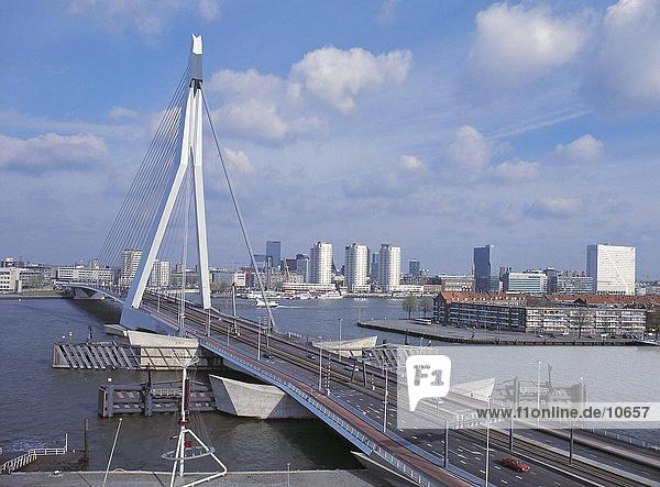 Suspension bridge across river  Erasmus Bridge  Nieuwe Maas River  Rotterdam  Netherlands