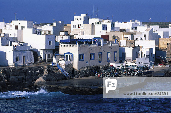 hoch oben Gebäude Küste Ansicht Flachwinkelansicht Kanaren Kanarische Inseln Winkel Fuerteventura Spanien