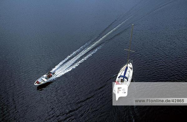 Aerial view of two speedboats  Saimaa lake  Finland