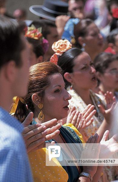 Crowd of people celebrating traditional festival  Pentecost pilgrimage  El Rocie  Huelva  Andalusia  Spain