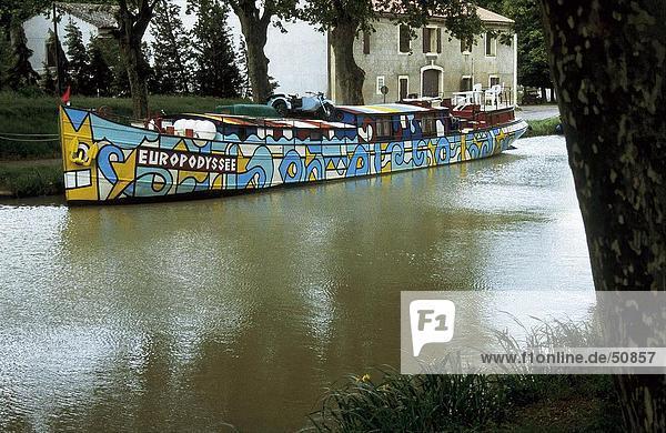 Painted boat in canal  Canal du Midi  France
