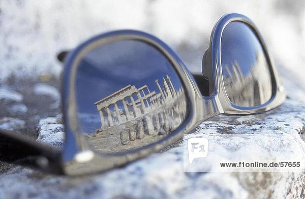 Reflection of ancient temple on sunglasses  Perthenon  Acropolis  Athens  Greece  Europe