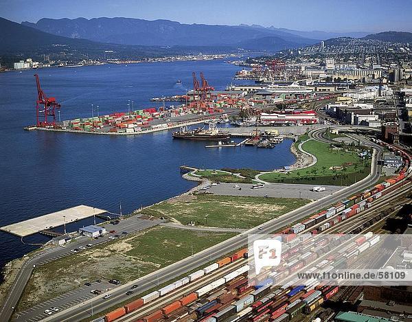 Aerial view of cargo containers at port  Vancouver  British Columbia  Canada
