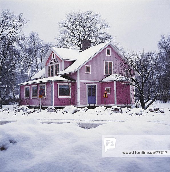 lila Europa Winter Wohnhaus Architektur pink Schnee Schweden Holzhaus