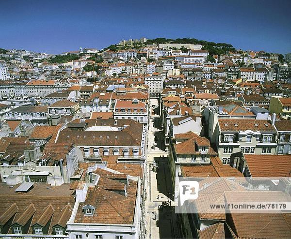 10651164  view of Elevador de Santa Justa  Castelo de Sao Jorge  roofs  lane  Lisbon  Portugal  town  city  overview