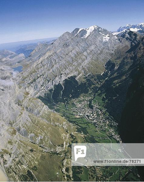 10651386  alpine  Alps  mountains  village  Gemmipass  canton Valais  scenery  Leukerbad  Switzerland  Europe  overview