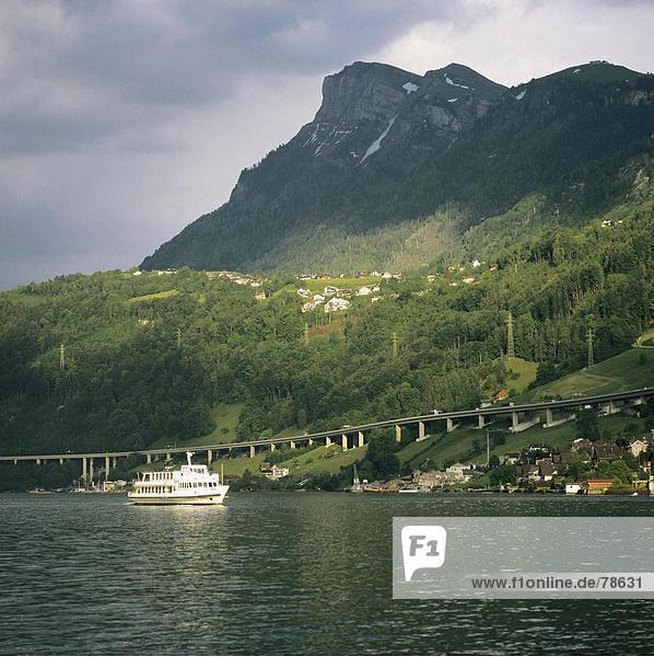 10652326  highway  pelvic reeds  mountains  canton Nidwalden  passenger boat  ship  Switzerland  Europe  lake  sea  Vierwaldst