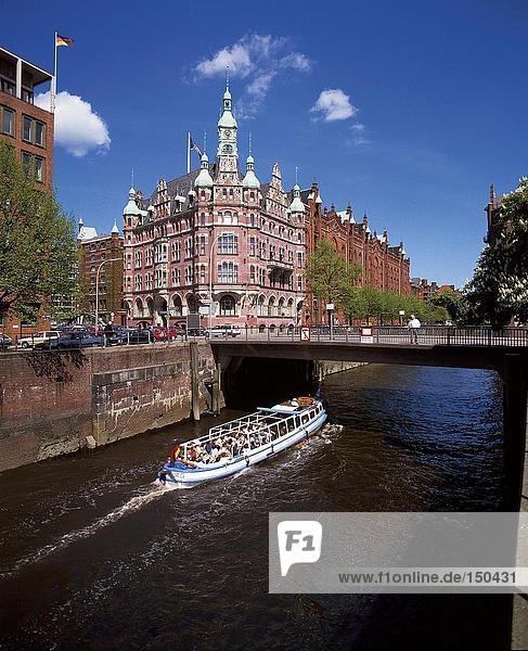 Tourists in tour boat in river  Hamburg  Germany