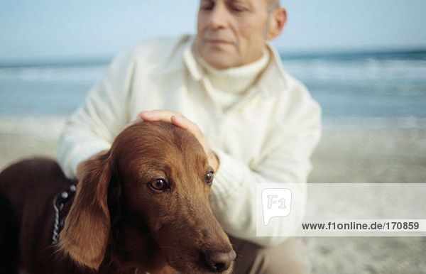Senior Mann Streichelhund