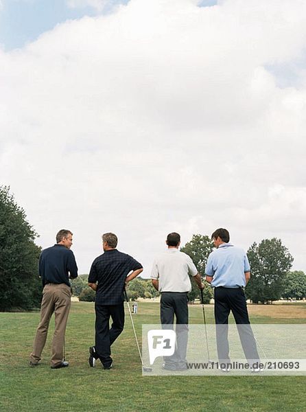 Rear view of four golfers