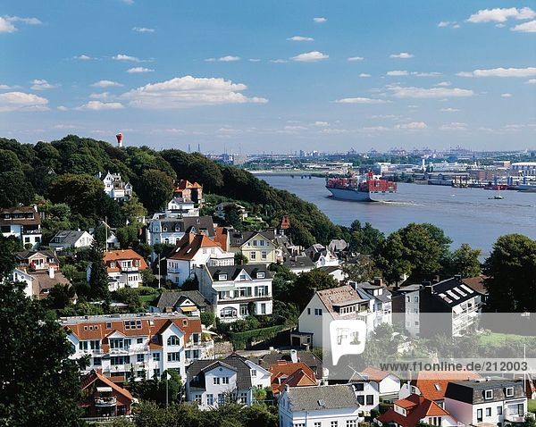 Aerial view of town at coast  River Elbe  Hamburg  Germany