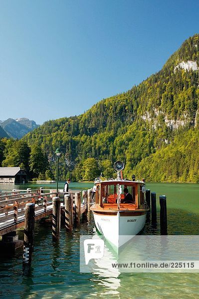 Boat at harbor  Lake Koenigssee  Berchtesgaden  Bavaria  Germany