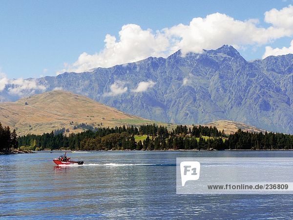 Motorboat in lake  Lake Wakatipu  Queenstown  South Island  New Zealand