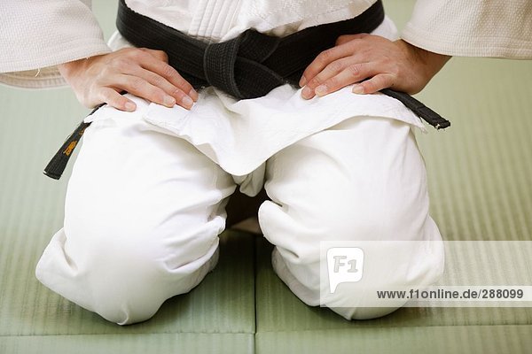 Judo Master kniend auf einer Matte