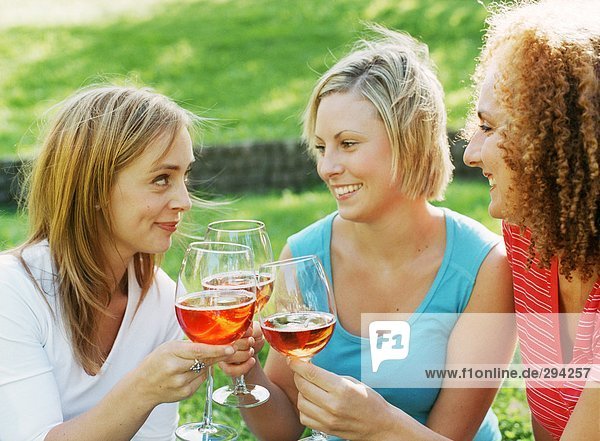 Three women toasting outdoors.