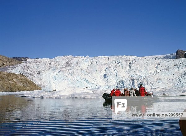 Group of people on raft  Prins Christians Sund  Greenland