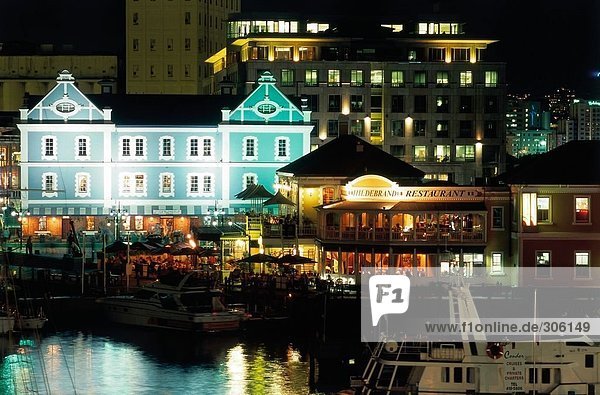 Coffeehouse lit up at night  Hildebrand Restaurant  Victoria and Albert Waterfront  Cape Town  Western Cape  South Africa