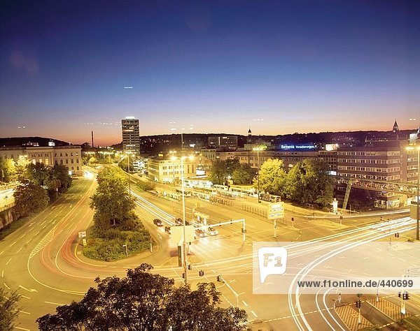 Aerial view of city road lit up at night  Dusseldorf  Germany