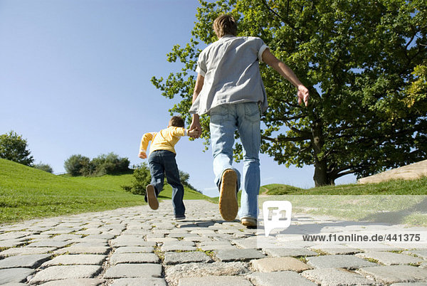 Vater und Sohn (4-7) laufen,  Hand in Hand,  Rückansicht