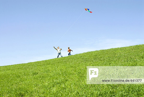 Father and son (4-7) flying kite in park