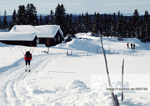 Schweden  Langläufer nähert sich schneebedeckten Hütten