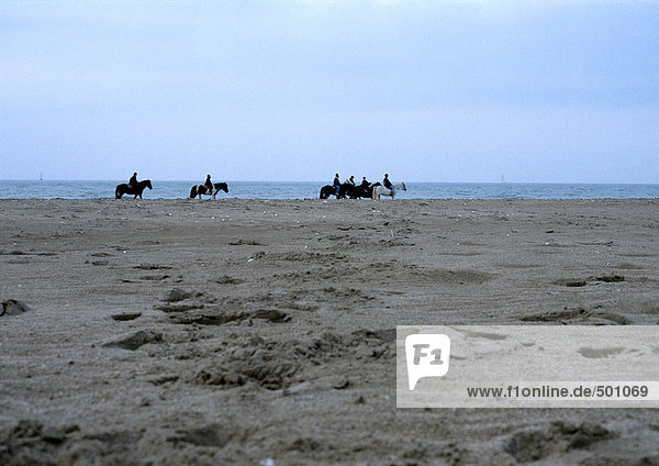 Menschen reiten auf Pferden am Strand in der Ferne.
