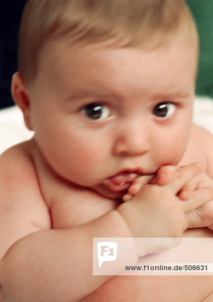 Baby schaut in die Kamera  Hände zum Mund  Nahaufnahme