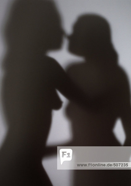 Silhouetten von zwei nackten Frauen  die sich umarmen  Nahaufnahme.