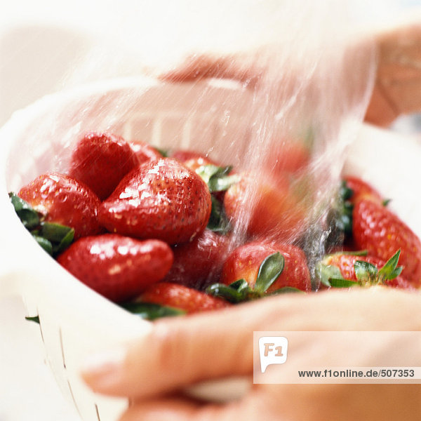 Person wäscht Erdbeeren im Sieb  Nahaufnahme