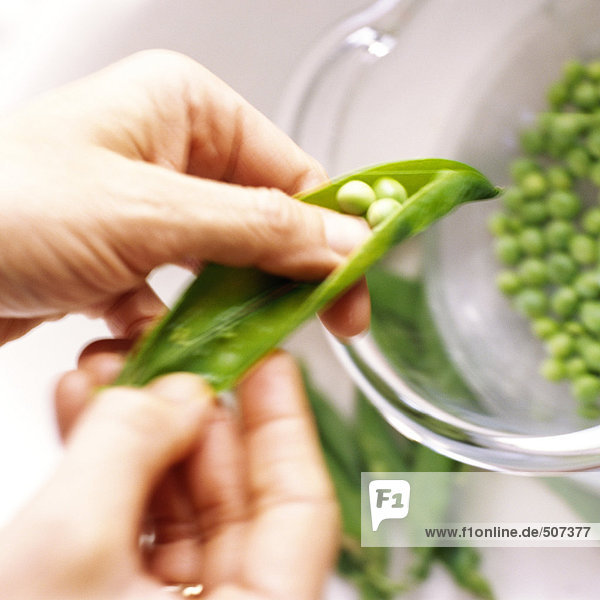 Close-up of hands shelling peas from pod