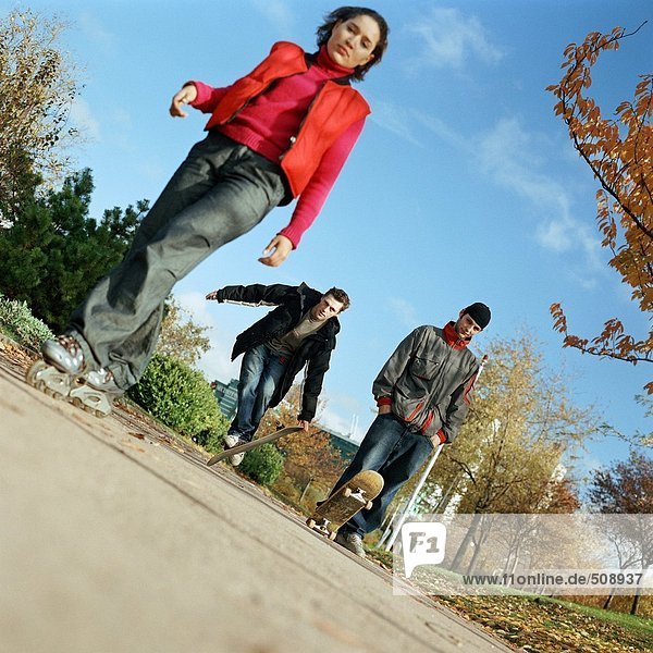 Young people in park  with inline skates and skateboards