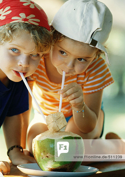 Zwei Kinder trinken frischen Saft durch Strohhalme  Nahaufnahme