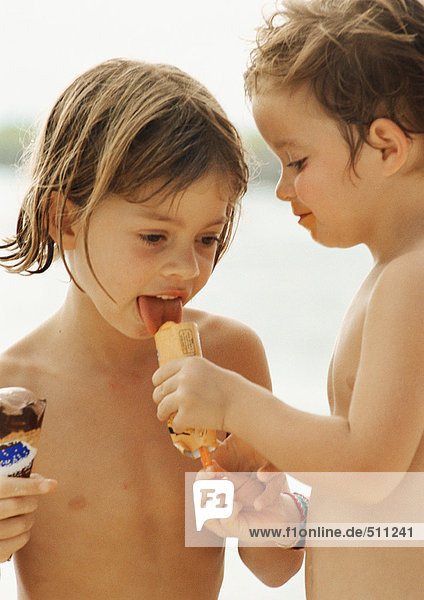 Zwei Kinder teilen sich ein Eis  Porträt.