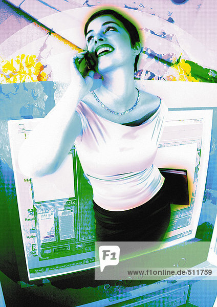 Junge Frau mit Handy  aus dem Computer-Monitor  digitales Composite.