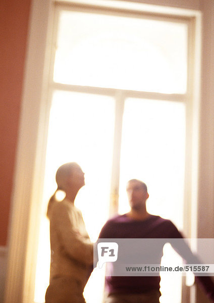 Woman and man standing in front of window  blurred  tilt.