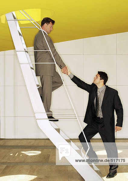 Two men standing on ladder  shaking hands