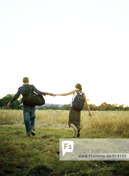 Couple holding hands in field  rear view