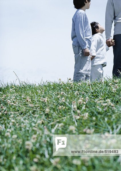 Jungen auf Rasen stehend mit Vater an den Händen  Schuss auf gleicher Höhe