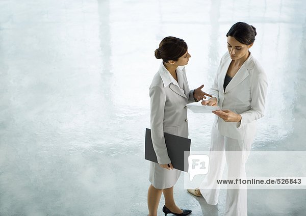 Two businesswoman standing together discussing document