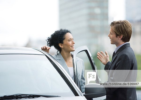 Businessman speaking to woman as she gets into car