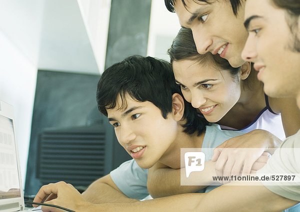 Vier junge erwachsene Freunde schauen zusammen auf den Computerbildschirm.