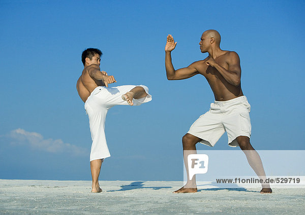 Zwei Männer üben Kampfsport am Strand