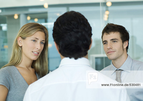 Two business associate speaking to man with back to camera