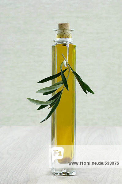 Flasche Olivenöl mit Zweig  Nahaufnahme