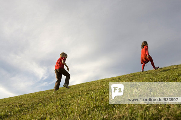 Boy (10-12) and girl (7-9) running in meadow