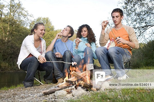 Teenagers sitting around fire