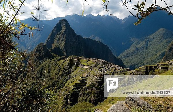 High angle view of old ruins on mountain  Inca Ruins  Machu Picchu  Cusco Region  Peru