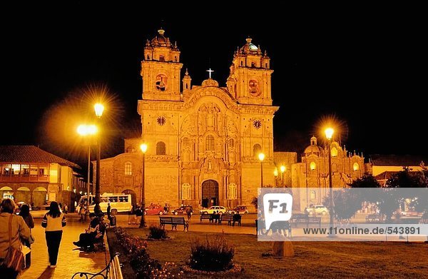 Church lit up at night  Iglesia La Compania De Jesus  Plaza-De-Armas  Cuzco  Cusco Region  Peru