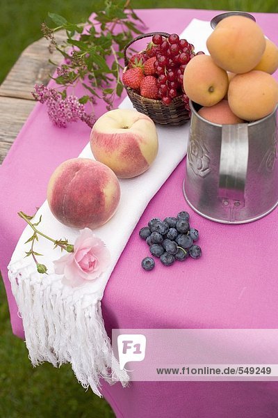 Pfirsiche  Aprikosen und frische Beeren auf Tisch im Freien