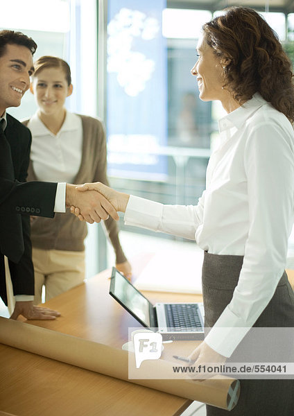Mature female architect shaking hands with young male client